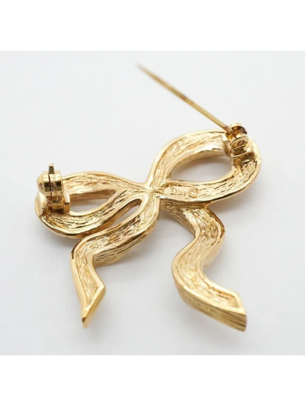 Dior Brooch Ribbon Motif Gold Plated Rhinestone